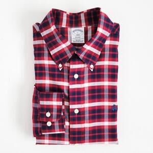 NEW Brooks Brothers Shirt Oxford Regent Button Down Plaid Navy Blue Red L